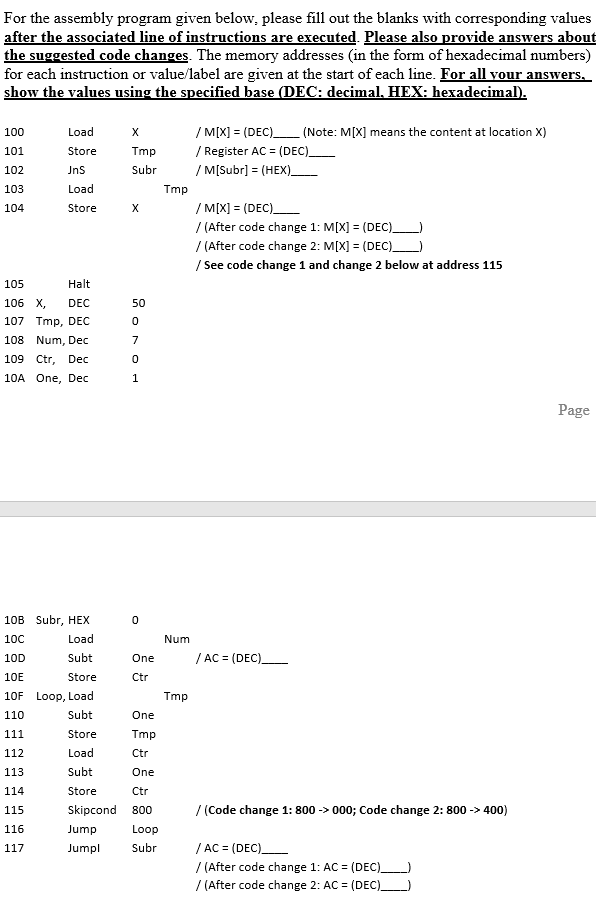 Solved For the assembly program given below, please fill out | Chegg.com