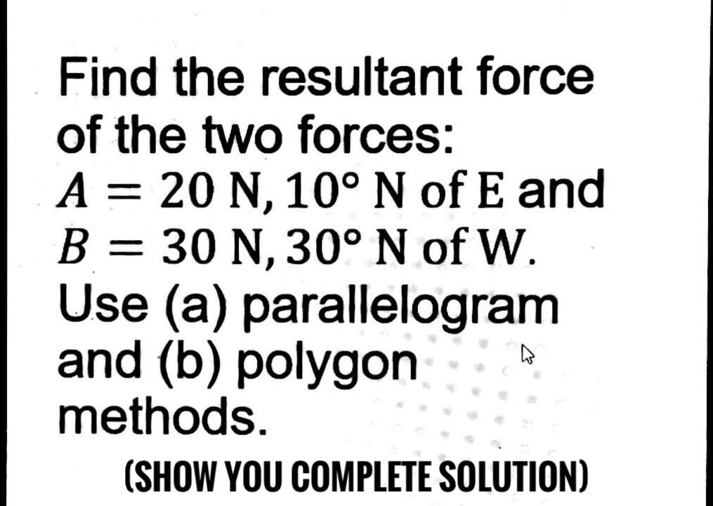 Solved Find the resultant force of the two forces: A = 20 N, | Chegg.com