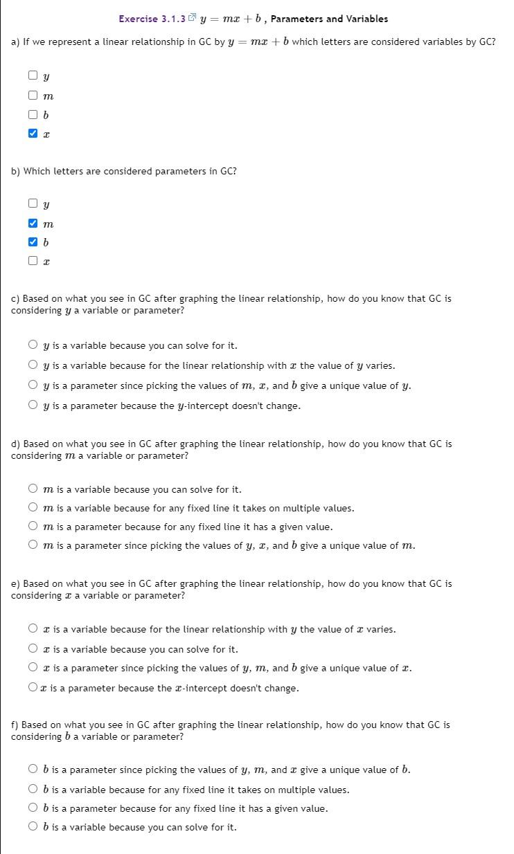 Solved Exercise 3 1 3 Y Mx B Parameters And Variables Chegg Com