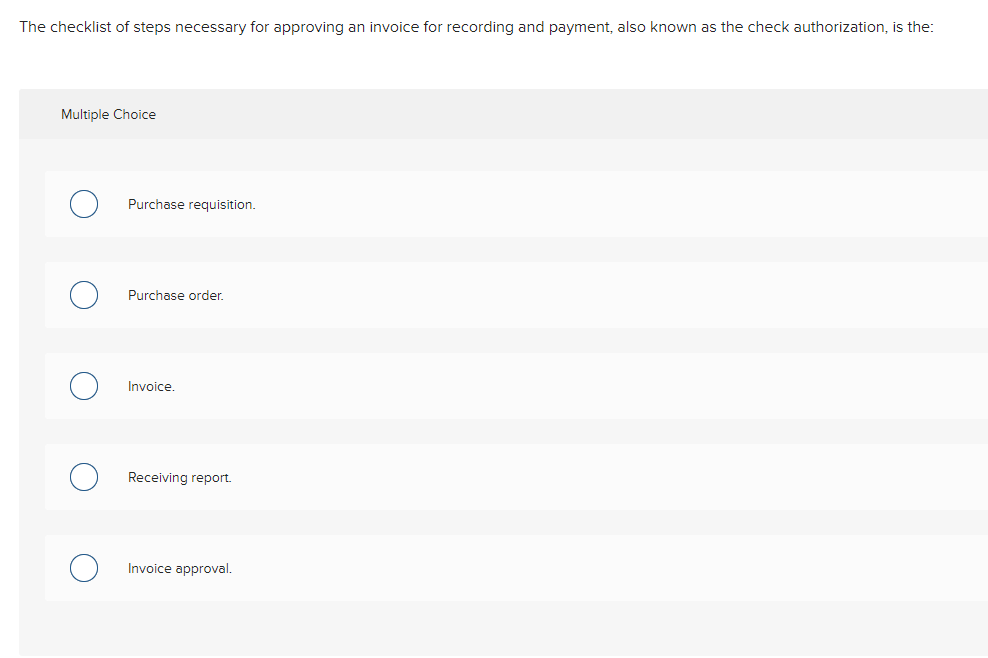 The checklist of steps necessary for approving an invoice for recording and payment, also known as the check authorization, i