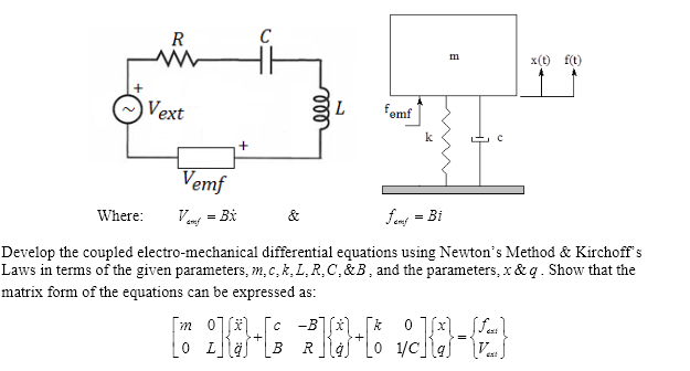 Solved R w m x(t) f(t) Vext 000 L femi k + Vemf Where: Bi & | Chegg.com