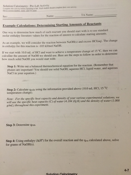 Solved Solution Calorimetry PreLab Activity Complete this