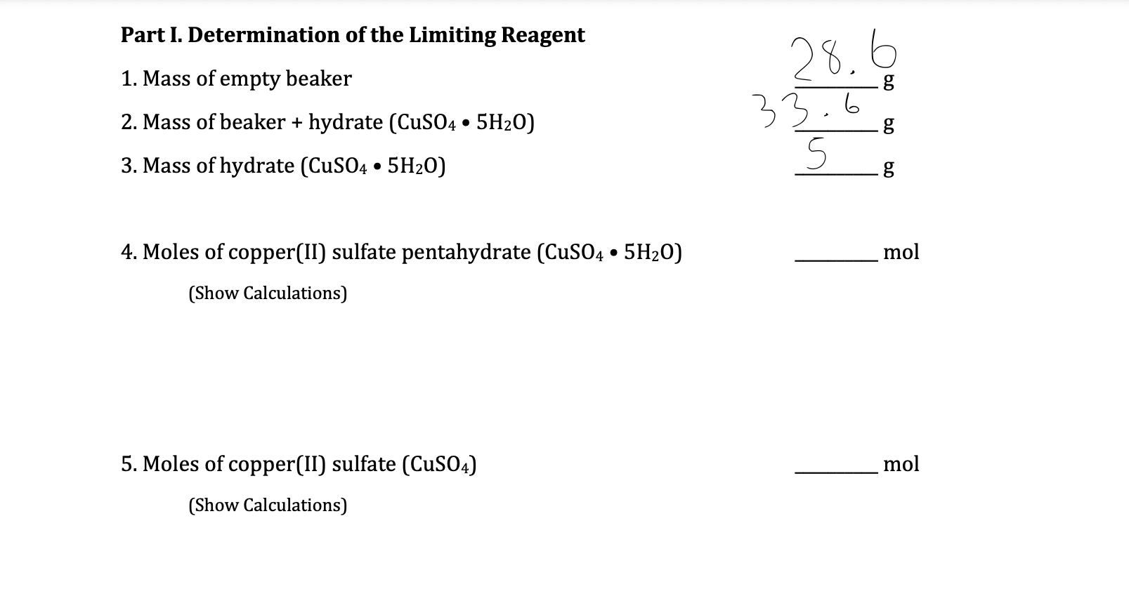 Solved 4. Moles of copper(II) sulfate pentahydrate (CuSO4 •