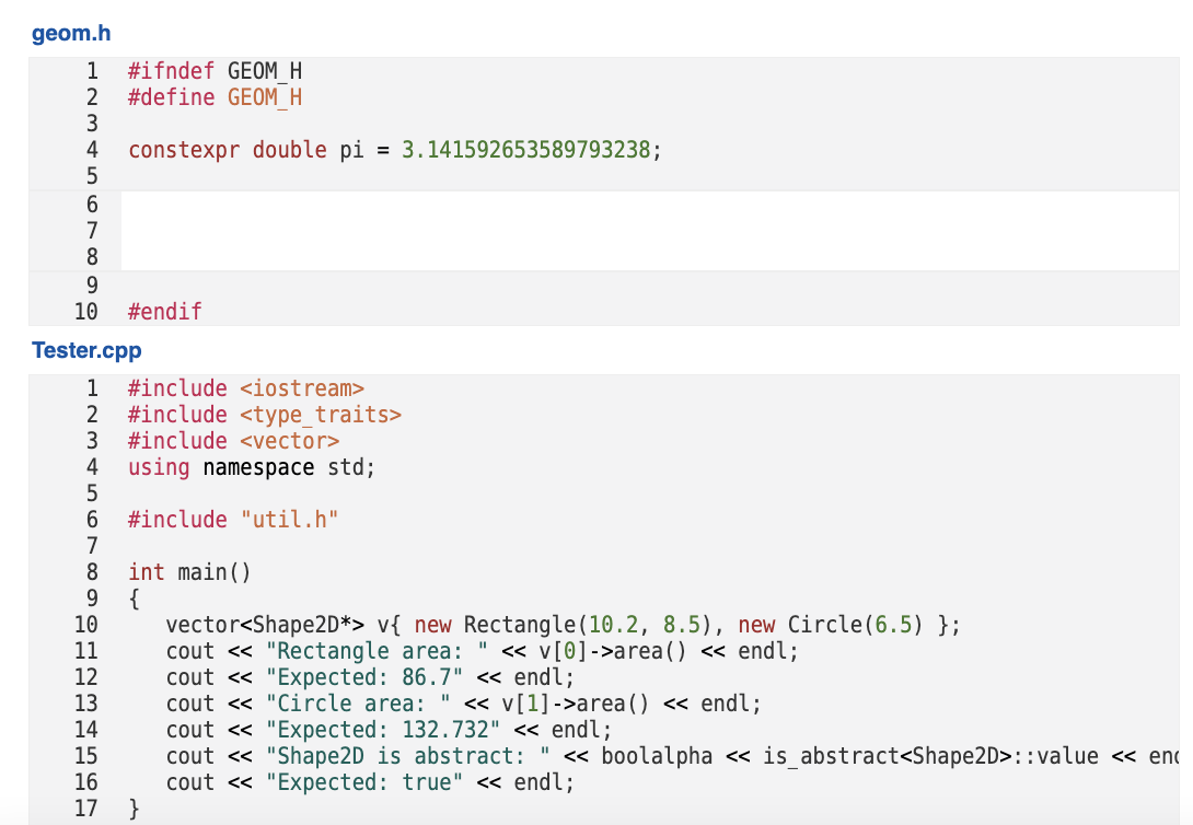 Solved Examine the tester program below. Define the Shape2D | Chegg.com