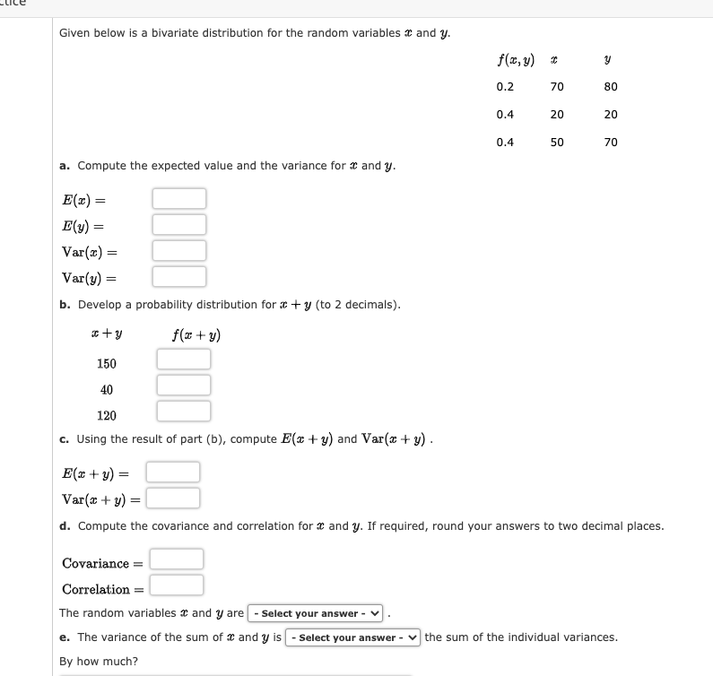 Solved Given Below Is A Bivariate Distribution For The | Chegg.com