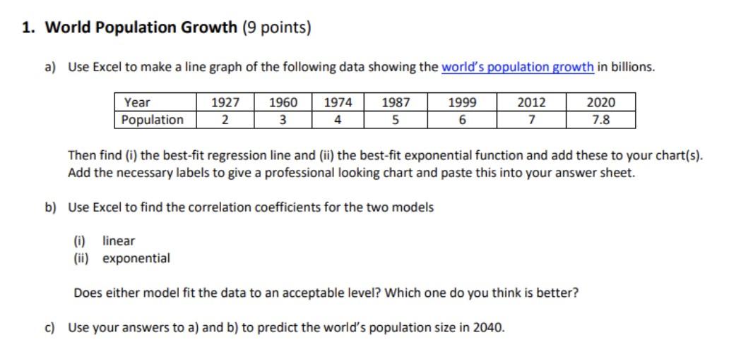 Solved 1. World Population Growth (9 points) a) Use Excel to | Chegg.com