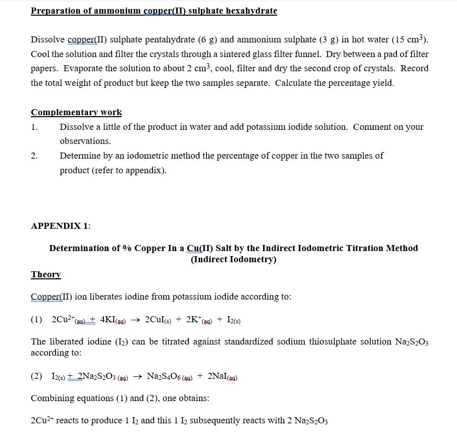 Solved Equation for the formation of ammonium copper(II)