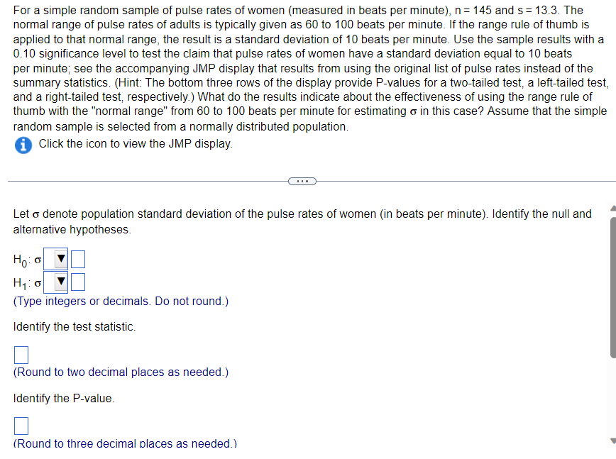 Solved JMP Display Test Standard Deviation Hypothesized