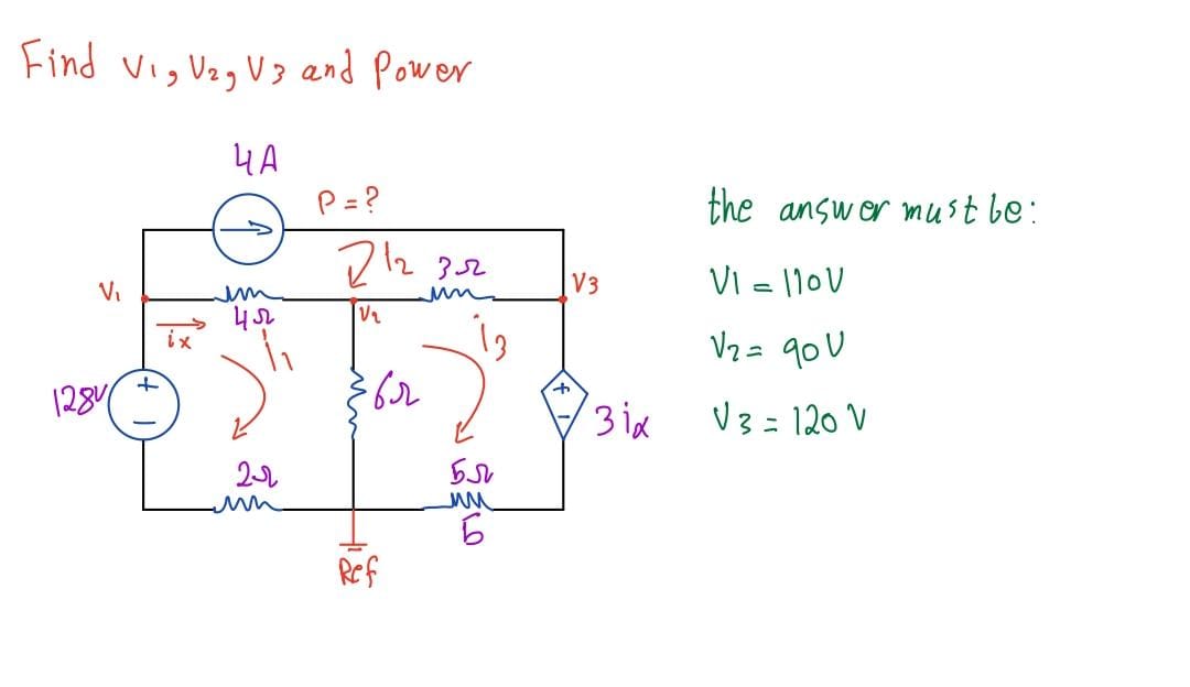 Solved Find v1,v2,v3 and power the answer must be: V1=110 | Chegg.com