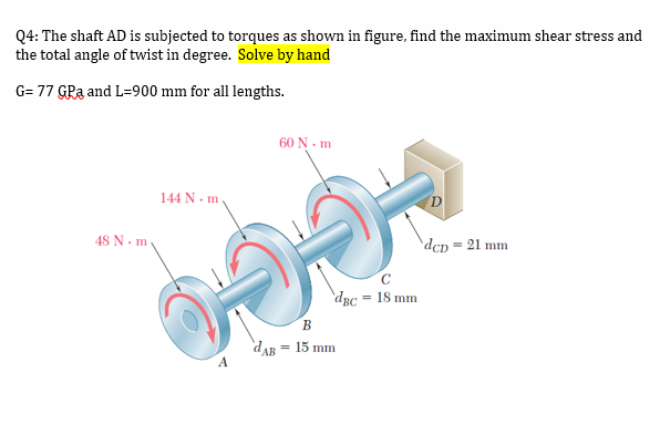 Solved Q4: The shaft AD is subjected to torques as shown in | Chegg.com