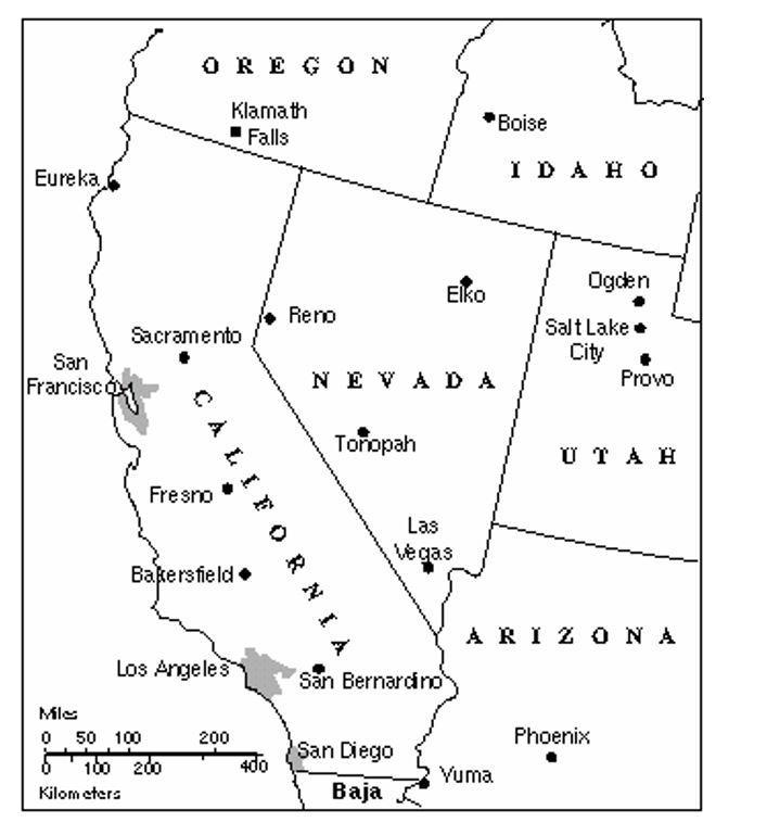 Eureka
San
Francisco
Sacramento
OREGON
Klamath
Falls
Milc
0
50 100
100
Kilometers
Fresno
Bakersfield
Los Angeles
200
200
CALI