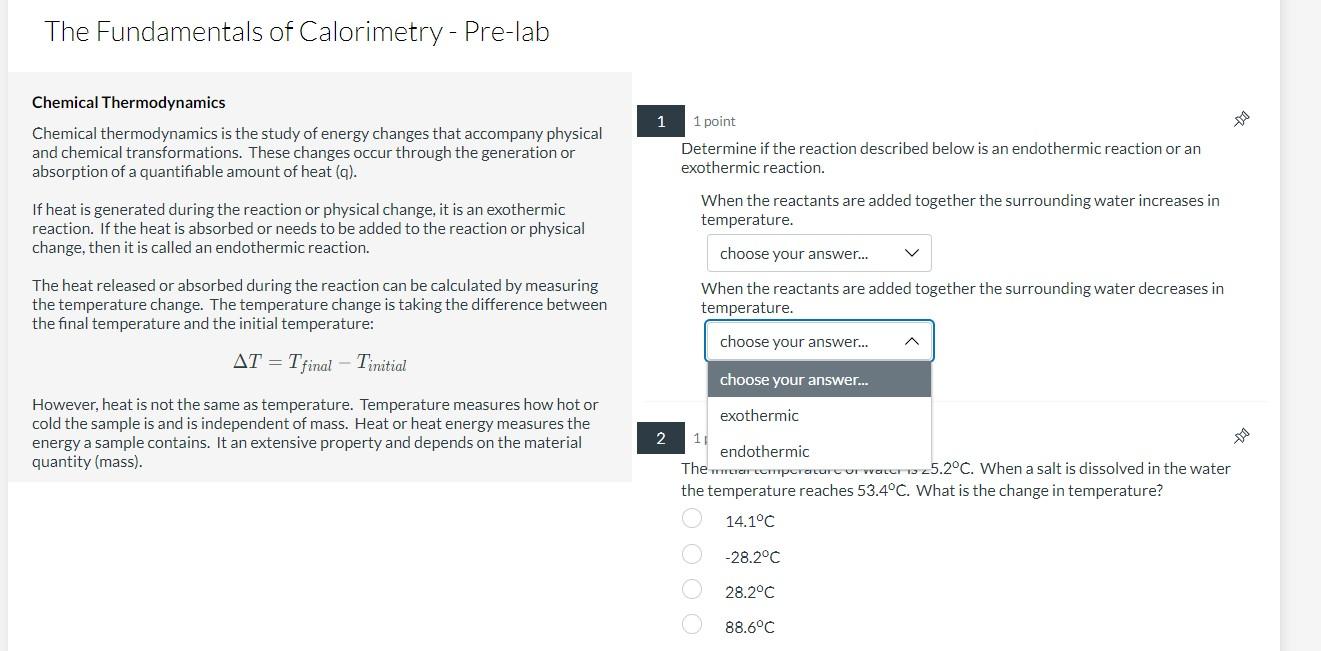 Solved The Fundamentals Of Calorimetry - Pre-lab Chemical | Chegg.com