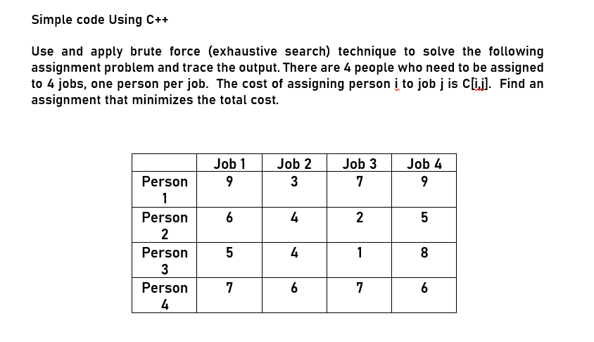 job assignment problem using brute force in c