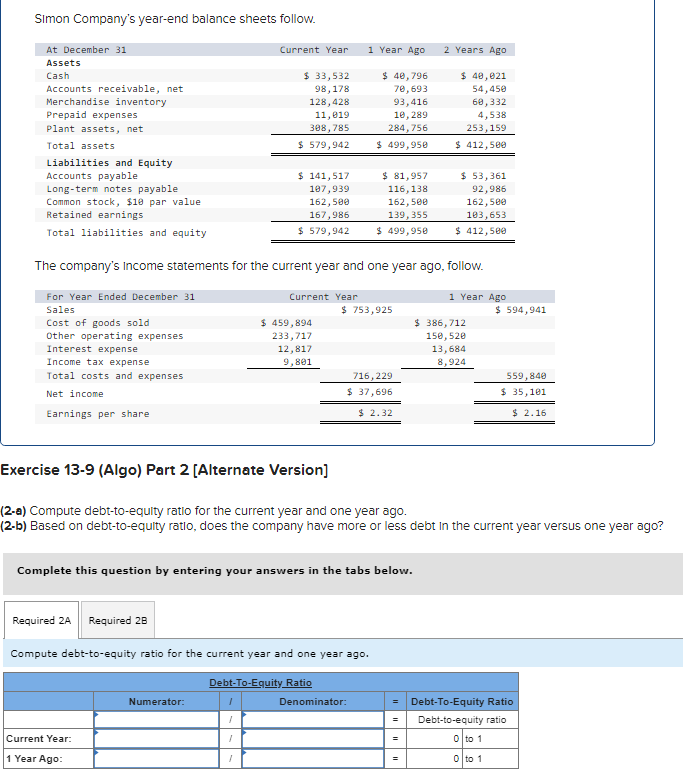 Solved SImon Company's year-end balance sheets follow. The | Chegg.com