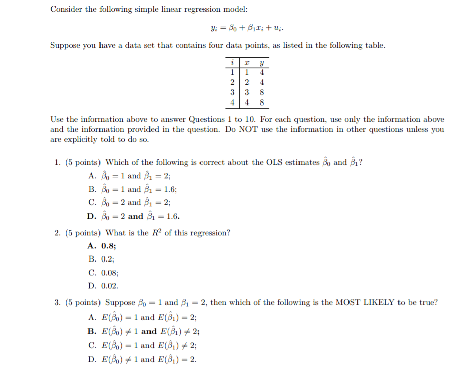 Solved Consider The Following Simple Linear Regression | Chegg.com