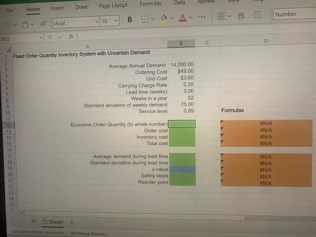 Solved Excel Online Activity: FQS Safety Stock Southern | Chegg.com