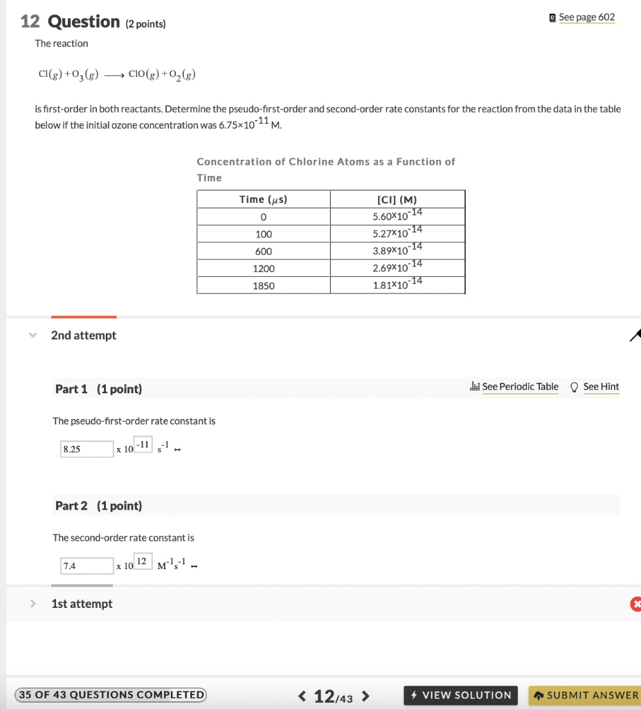 Solved 12 Question (2 points) @ See page 602 The reaction | Chegg.com