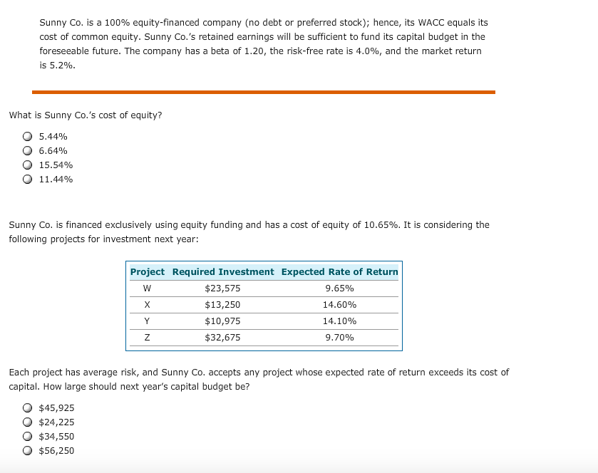 Solved Sunny Co. Is A 100% Equity-financed Company (no Debt | Chegg.com