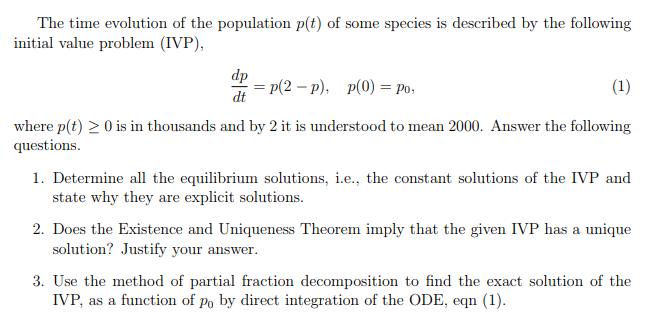 Solved The time evolution of the population p(t) of some | Chegg.com