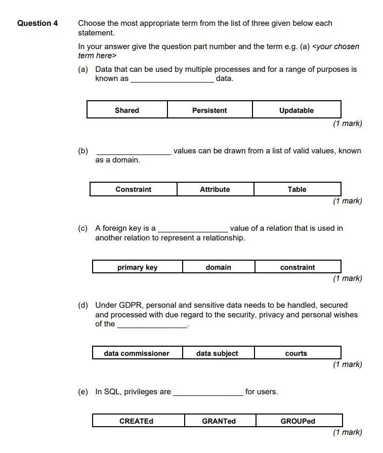 Solved Question 4 Choose the most appropriate term from the | Chegg.com