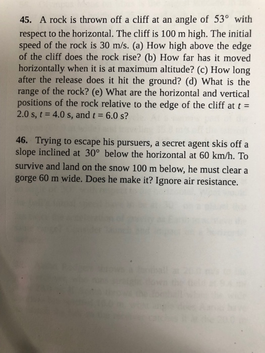 Solved 45. A rock is thrown off a cliff at an angle of 53° | Chegg.com
