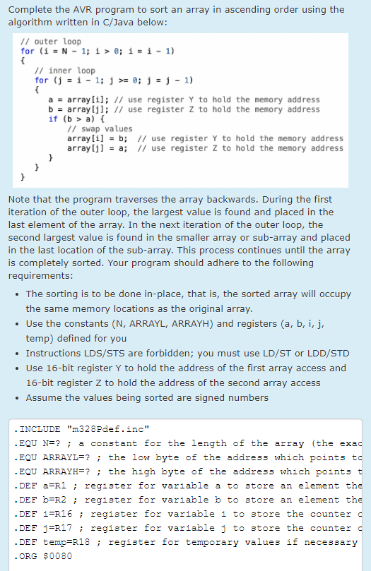 Solved Complete the AVR program to sort an array in | Chegg.com