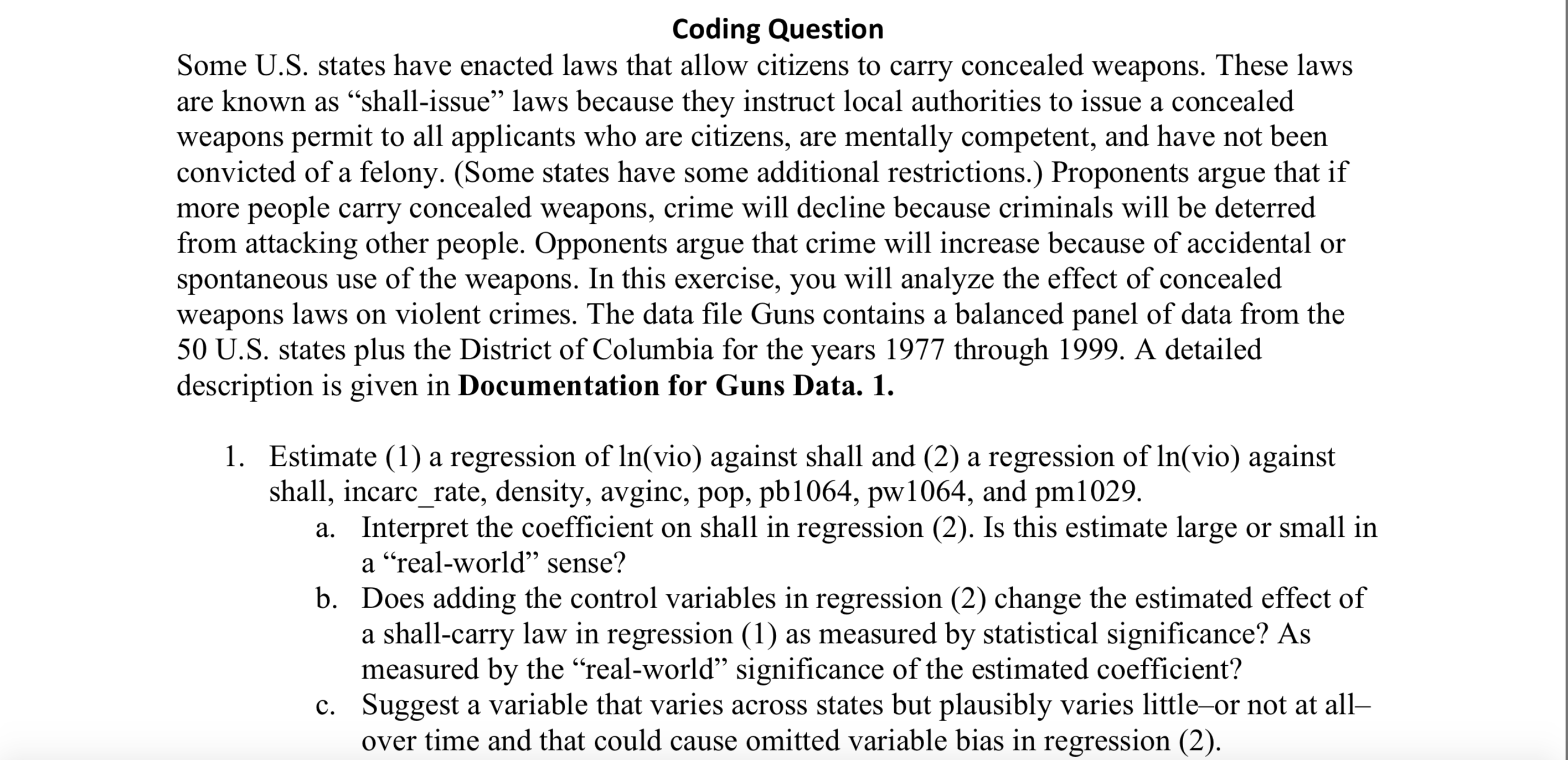 Documentation for Guns Data Guns is a balanced panel | Chegg.com