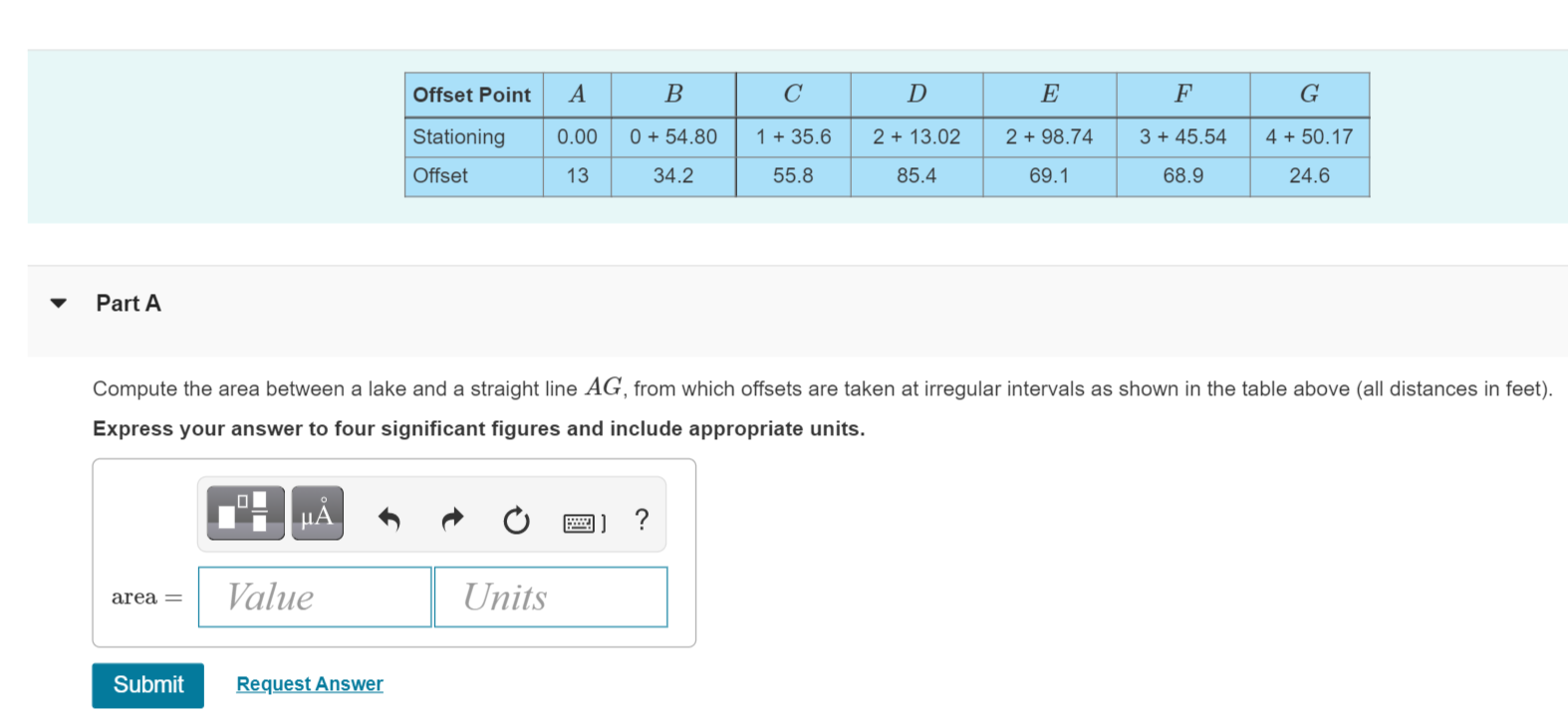 Solved Offset Point A B С D E F G Stationing 0.00 0 + 54.80 | Chegg.com