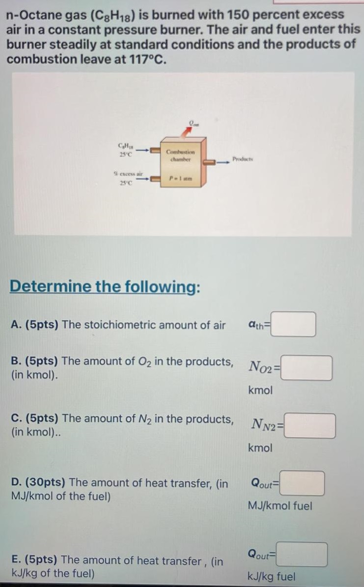 Solved N Octane Gas C8h18 Is Burned With 150 Percent 5362