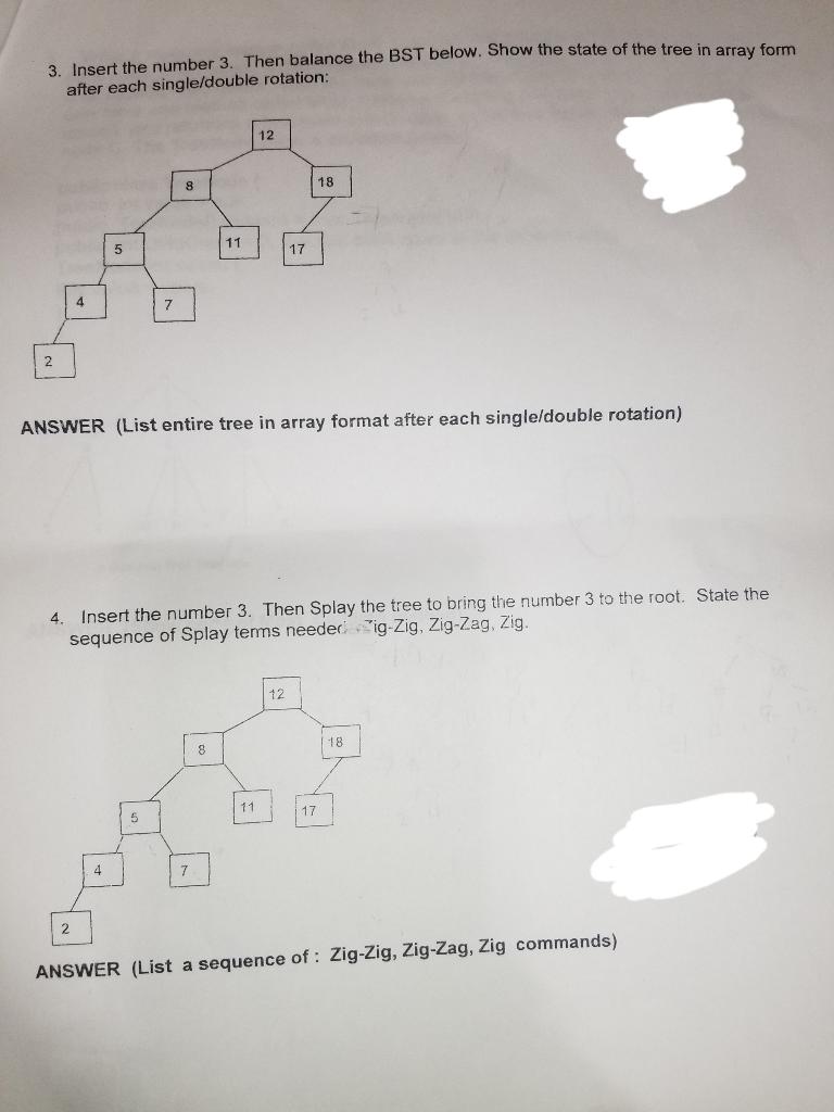 Solved 3. Insert the number 3. Then balance the BST below. | Chegg.com