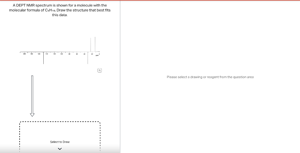 A DEPT NMR spectrum is shown for a molecule with the molecular formula of \( \mathrm{C}_{5} \mathrm{H}_{10} \). Draw the stru