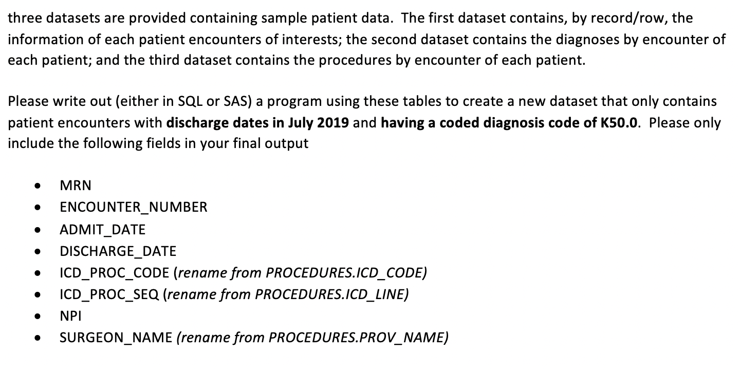 Solved three datasets are provided containing sample patient | Chegg.com