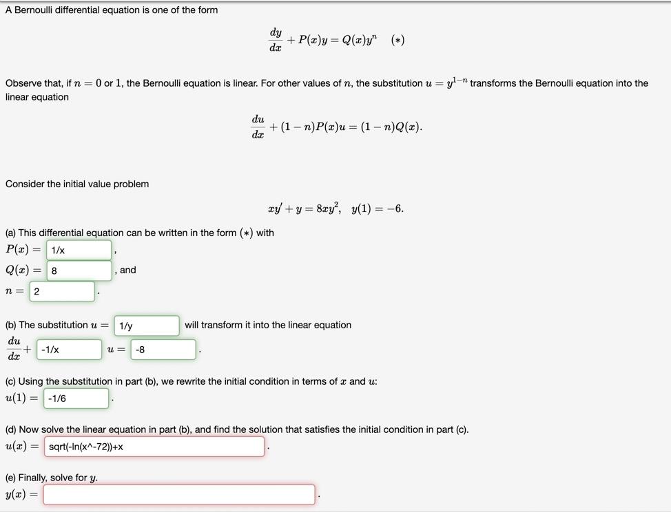 Solved A Bernoulli differential equation is one of the form | Chegg.com