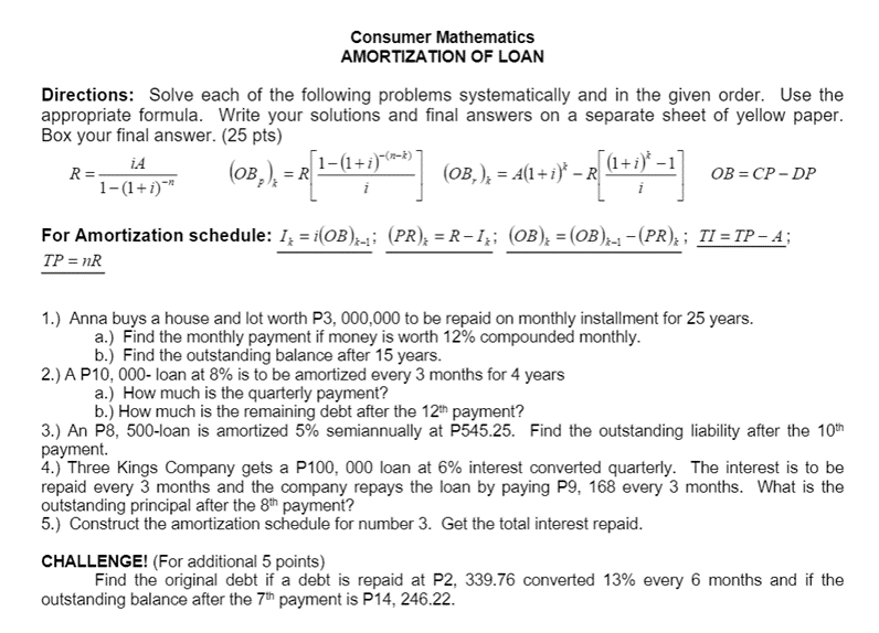 Solved Consumer Mathematics Amortization Of Loan Directions: | Chegg.com