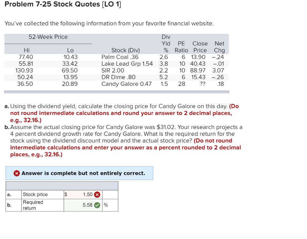 Solved Problem 7-25 Stock Quotes [LO 1] You've collected the