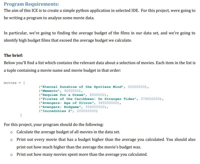Solved program requirements the aim of this ice is to chegg