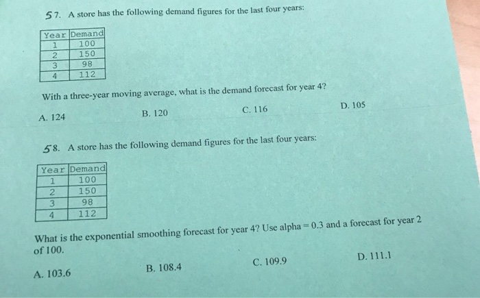Solved 57. A store has the following demand figures for the | Chegg.com