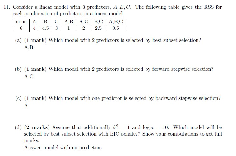 Solved 11. Consider A Linear Model With 3 Predictors, A, | Chegg.com