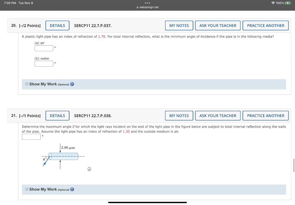 Solved A plastic light pipe has an index of refraction of