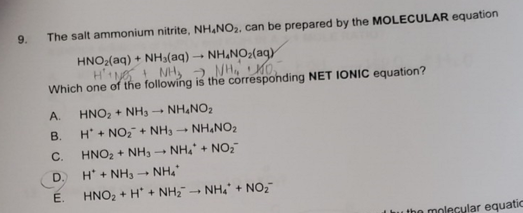 Solved 9. The salt ammonium nitrite, NH4NO2, can be prepared | Chegg.com