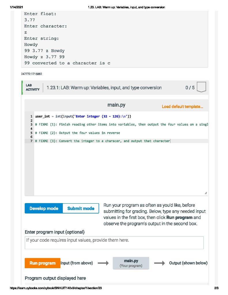 Solved 1.23. LAB: Warm up: Variables, input, and type | Chegg.com