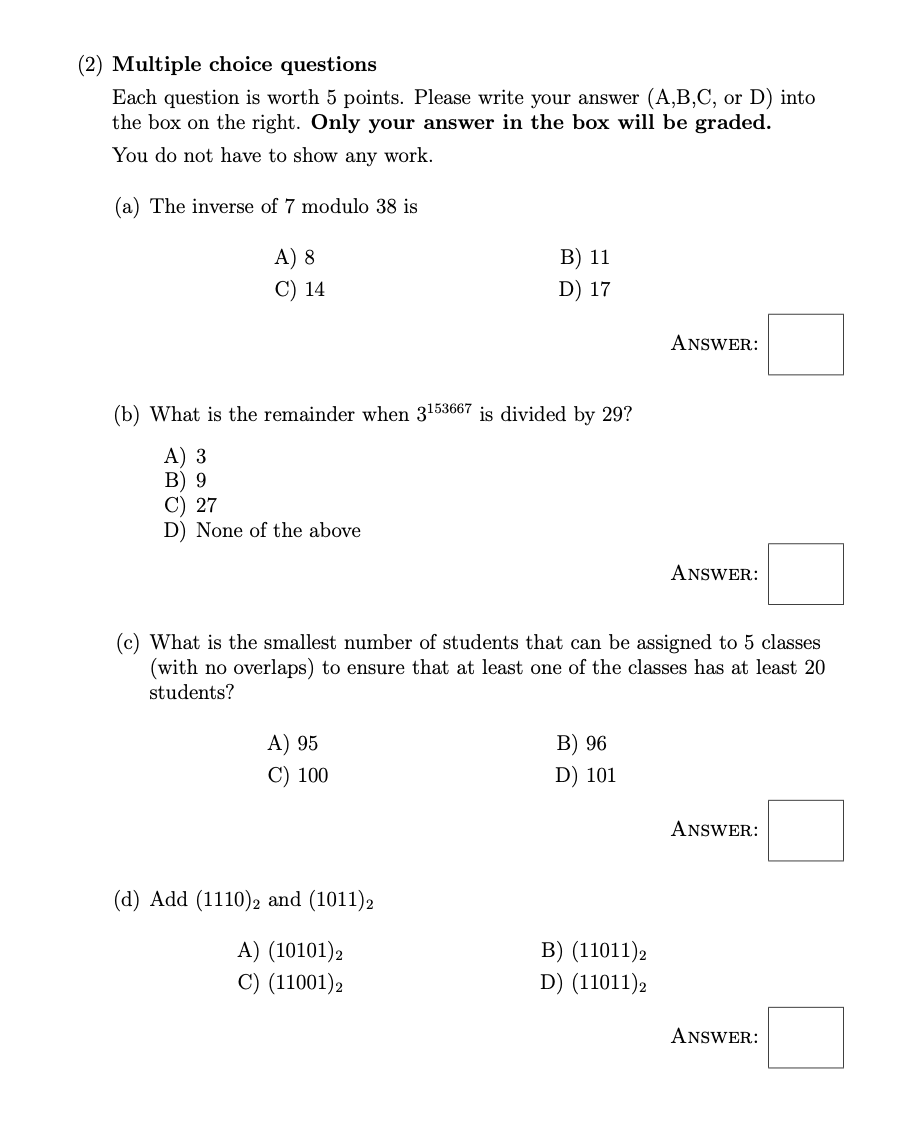 Solved (2) Multiple choice questions Each question is worth | Chegg.com