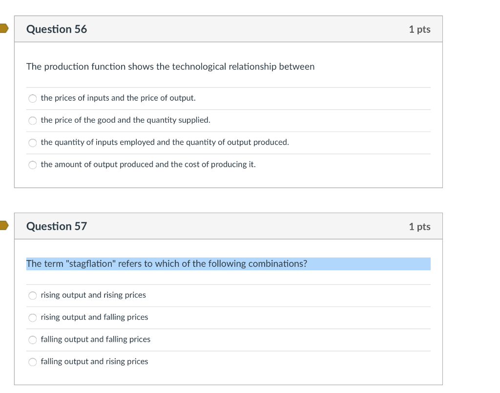 Solved Question 56 1 pts The production function shows the | Chegg.com