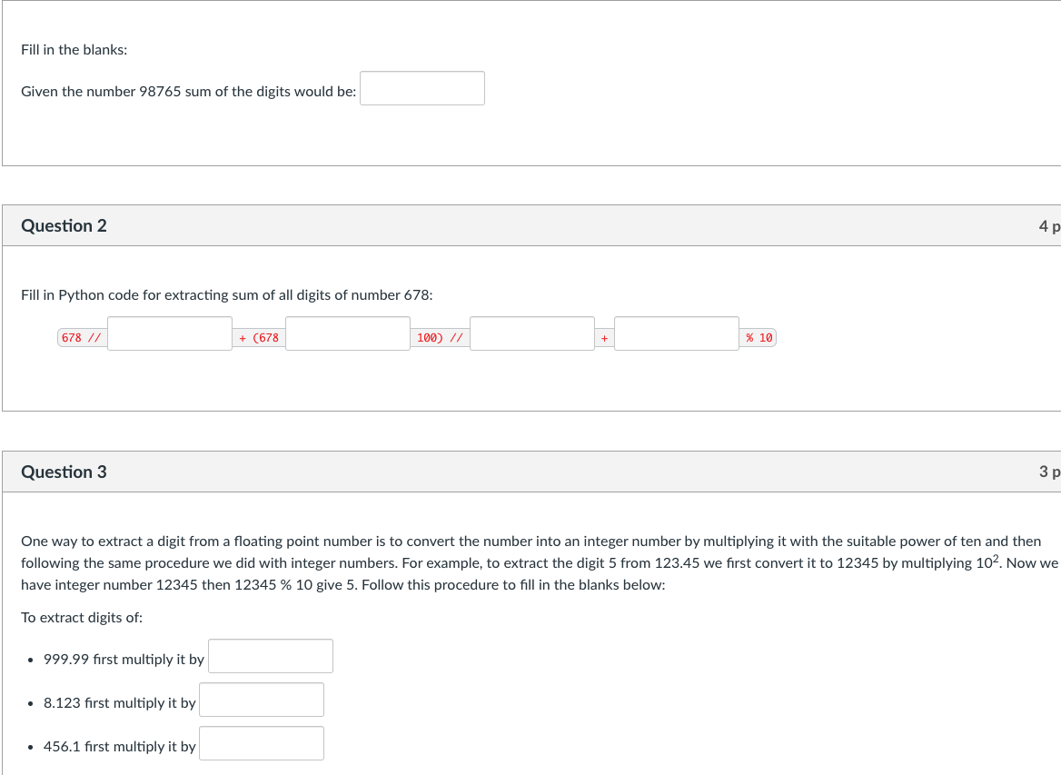 Solved Fill in the blanks: Given the number 98765 sum of the | Chegg.com