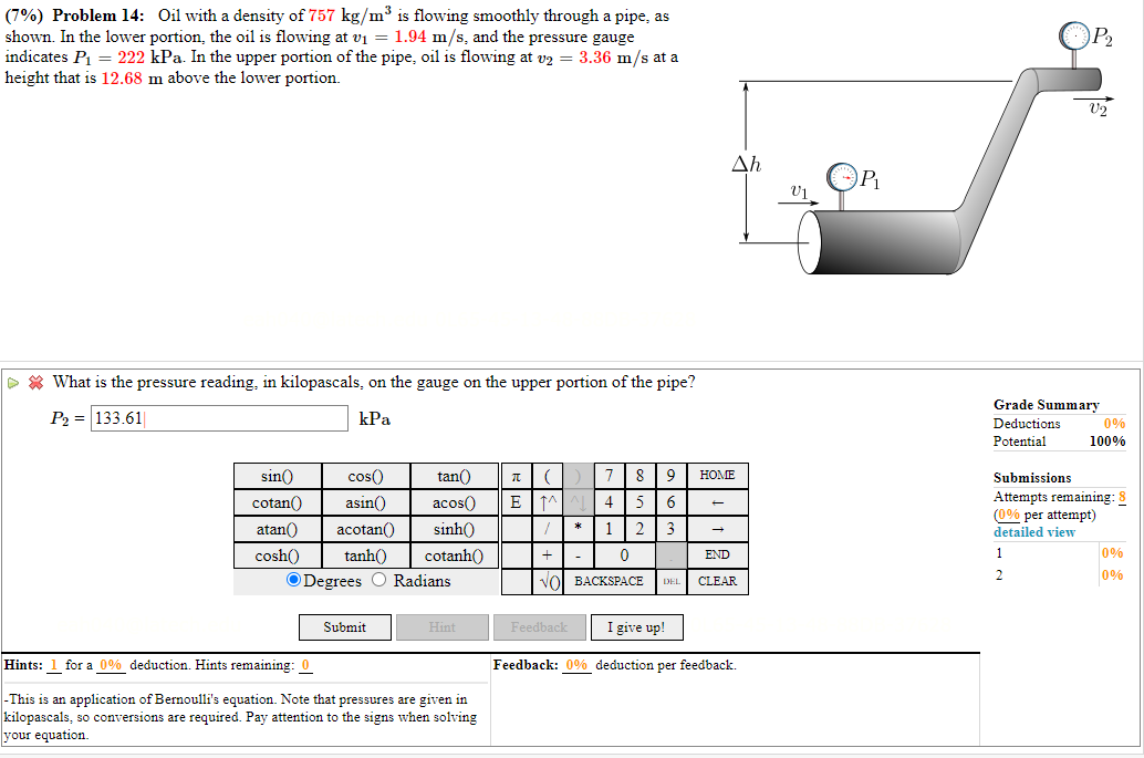 Solved (7) Problem 14 Oil with a density of 757 kg/m³ is