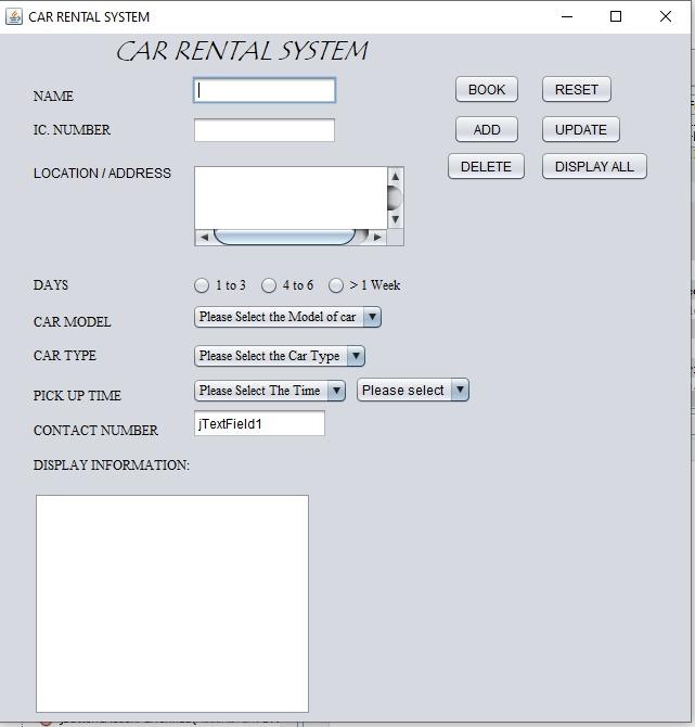 Solved coding for this UML and GUI TITLE CAR RENTAL SYSTEM