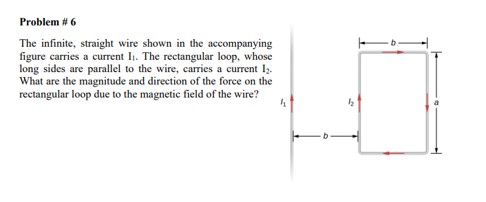 The infinite, straight wire shown in the accompanying figure carries a current \( I_{1} \). The rectangular loop, whose long 