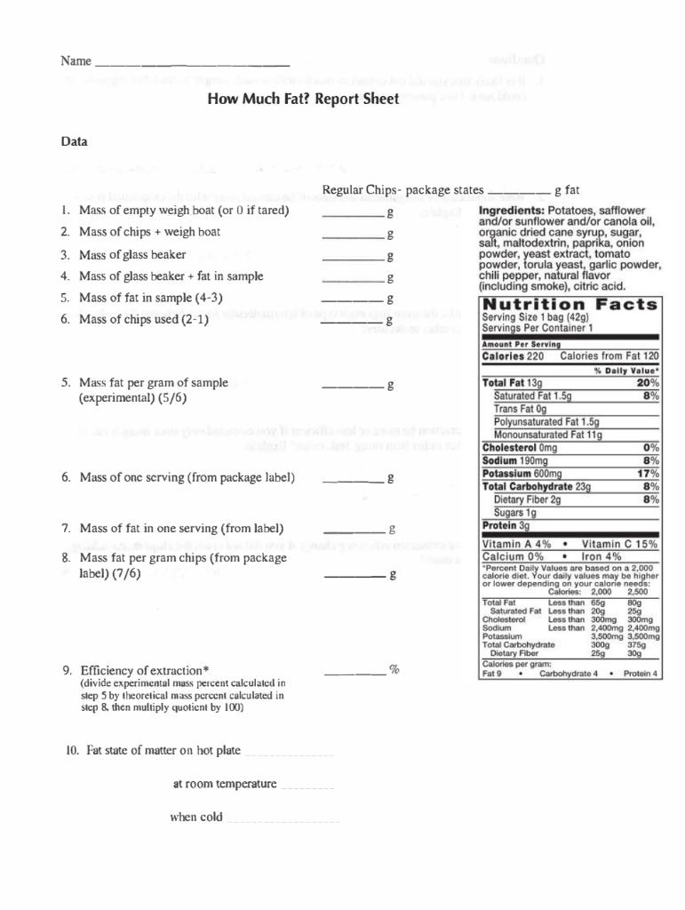 How Much Fat? Report Sheet Data Regular Chips