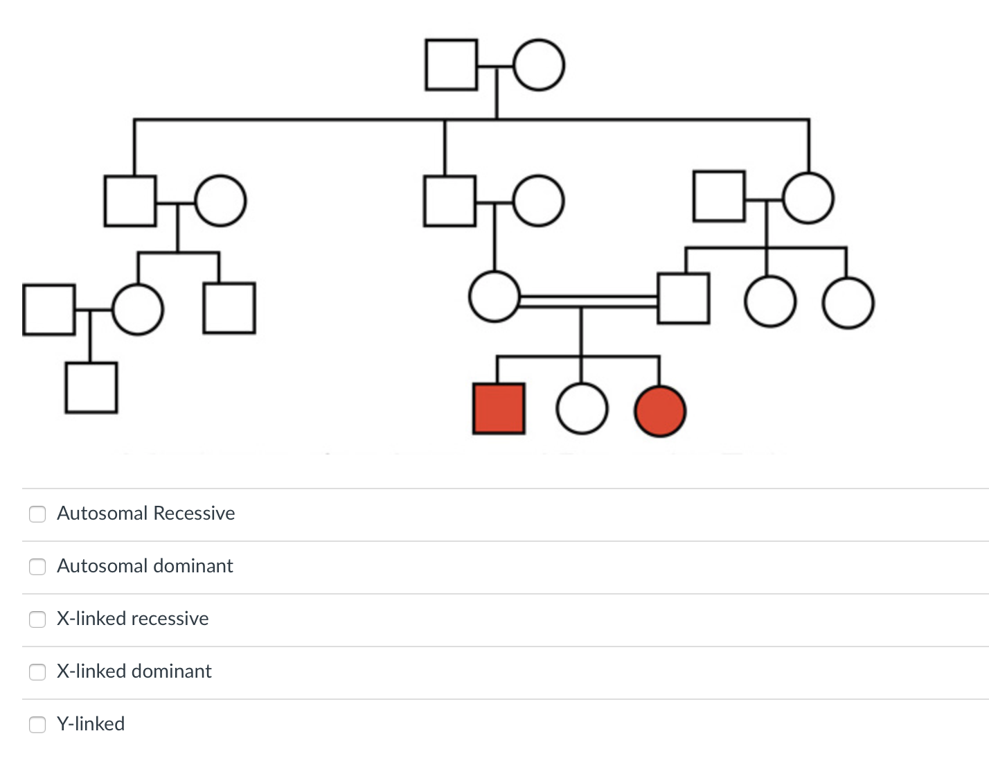 Autosomal Recessive Autosomal dominant X-linked recessive X-linked dominant Y-linked