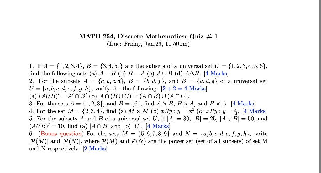 Solved MATH 254, Discrete Mathematics: Quiz # 1 (Due: | Chegg.com